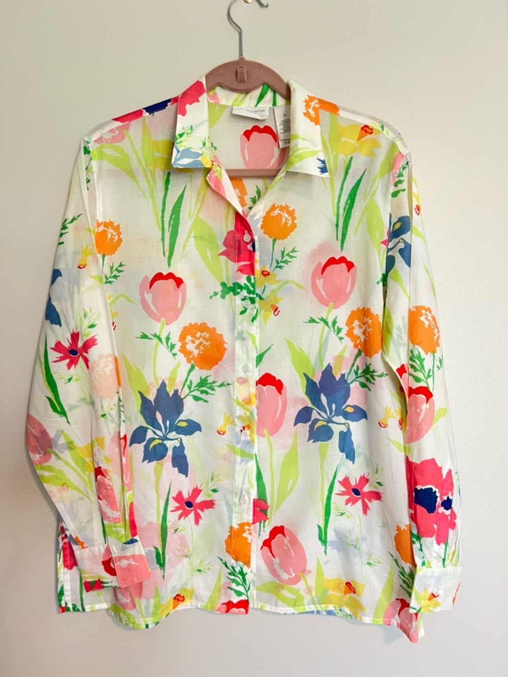 Liz Claiborne White Button-Down Shirt with Multicolor Floral Print